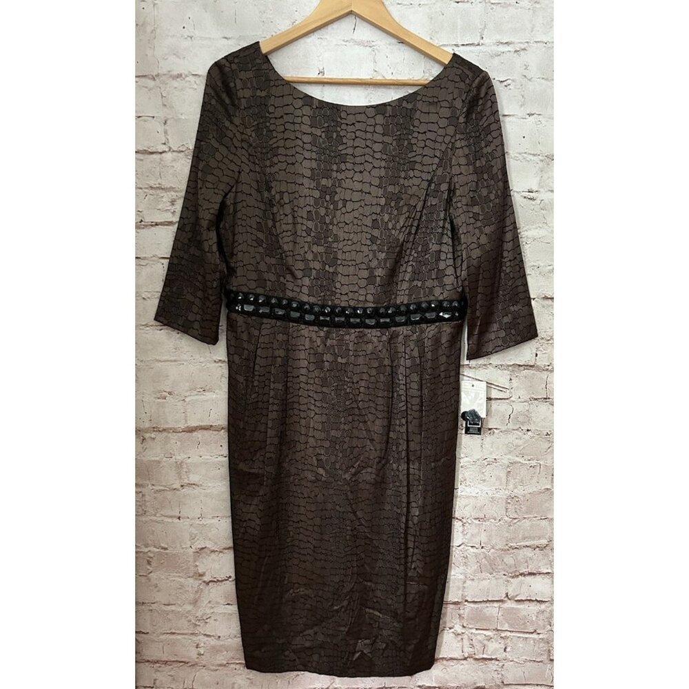 ALEX Evenings Dress Size 14 Bronze Brown Croc Print Beaded Embellished Waist NEW